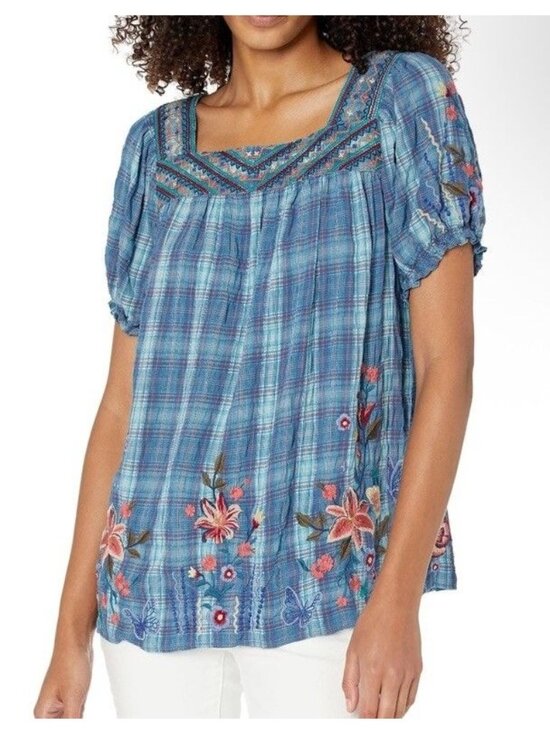 Johnny Was Tops - Johnny Was Workshop Women Size M Aimee Peasant Top Floral Embroidered Blue Plaid